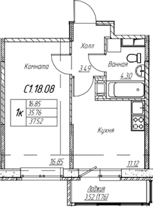 1-комнатная квартира 37.52 м², 18/22 эт., ЖК «Парк-квартал Юнтолово»